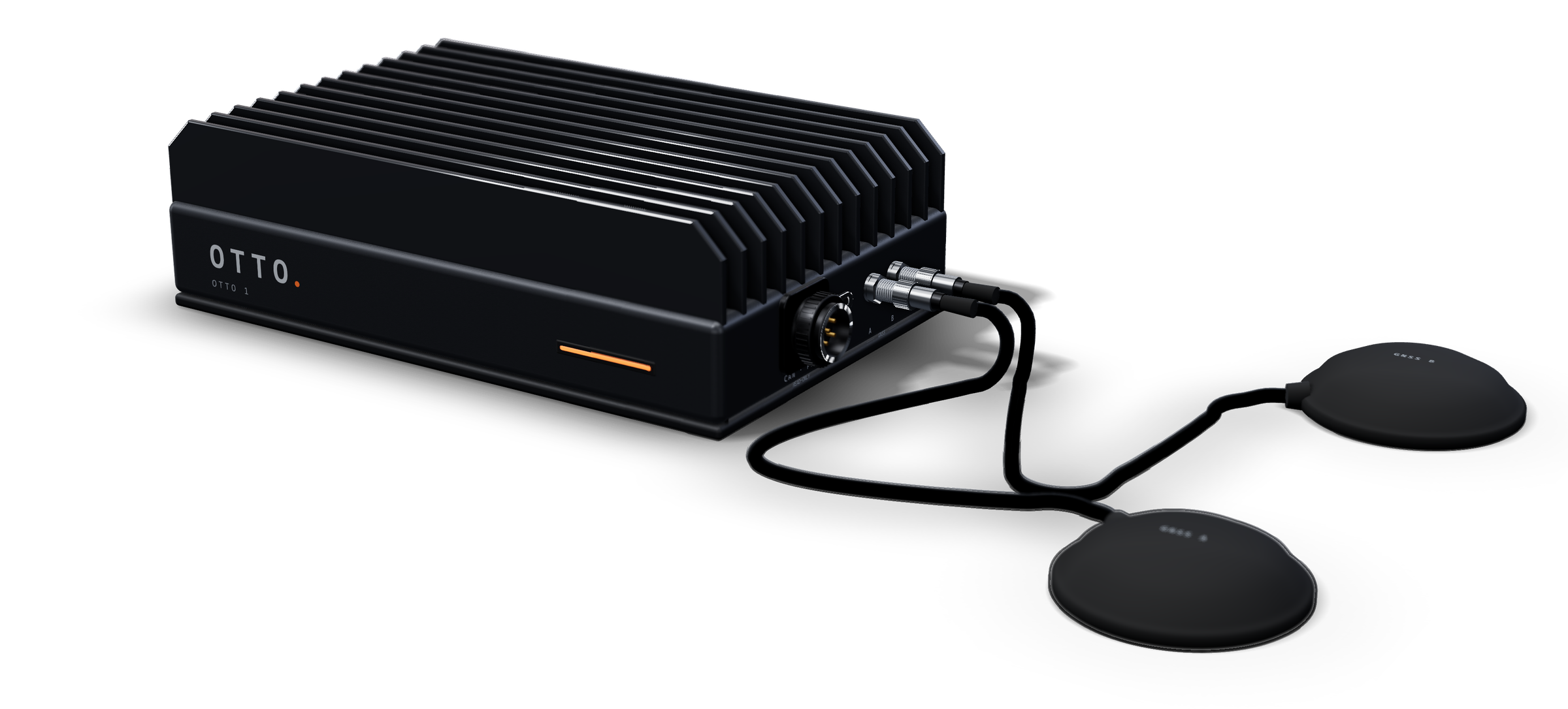 Render of the OTTO 1 brain unit — a sealed, fanless black aluminum box with cooling fins, a status light, the read-only CAN connector and two GNSS antenna pucks