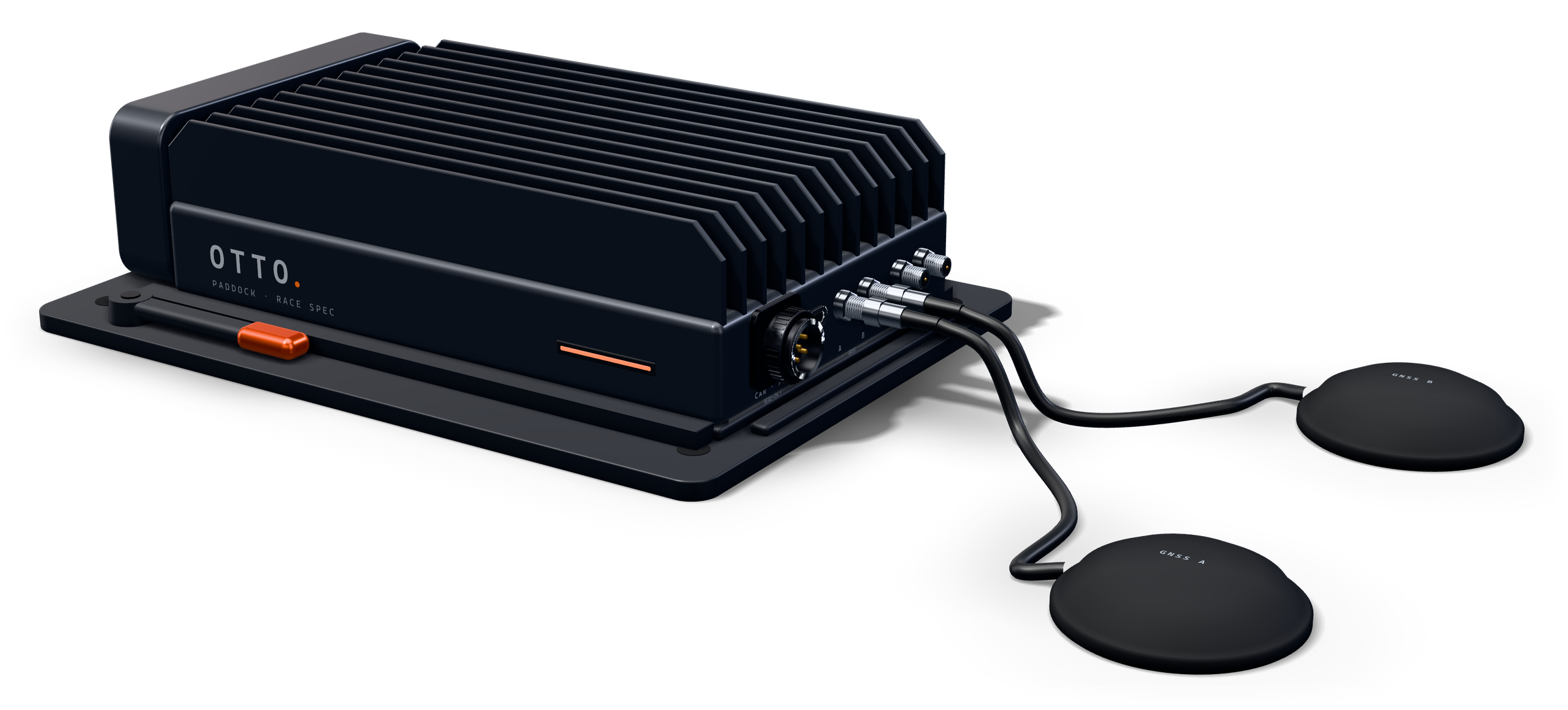 Render of the OTTO Paddock telemetry box — a race-spec black aluminum unit with cooling fins and fan end cap, sealed connectors, a quick-release plate and two GNSS antenna pucks